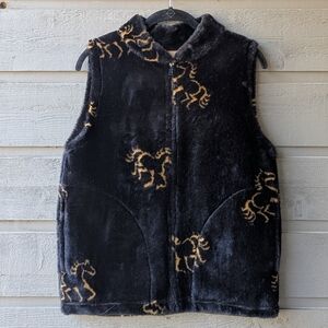 VTG Andrea Faye Black Faux Fur Zip Up Vest Gold Horses Size Small Equestrian